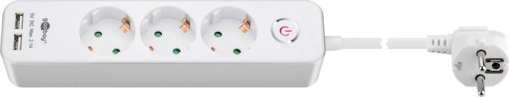 Steckdosenleiste 3-fach + 2x USB (2,1A), mit Schalter, Berührungsschutz, weiß, 1,5m