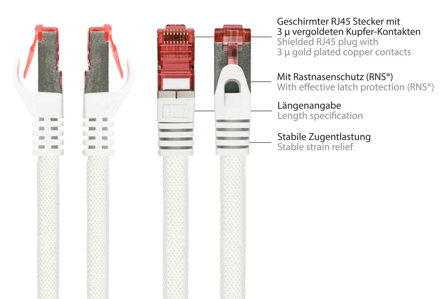 Python® Series Patchkabel mit Rastnasenschutz (RNS®) und Nylongeflecht, Cat. 6, S/FTP, PiMF, PVC, 250MHz, OFC, weiß, 1m