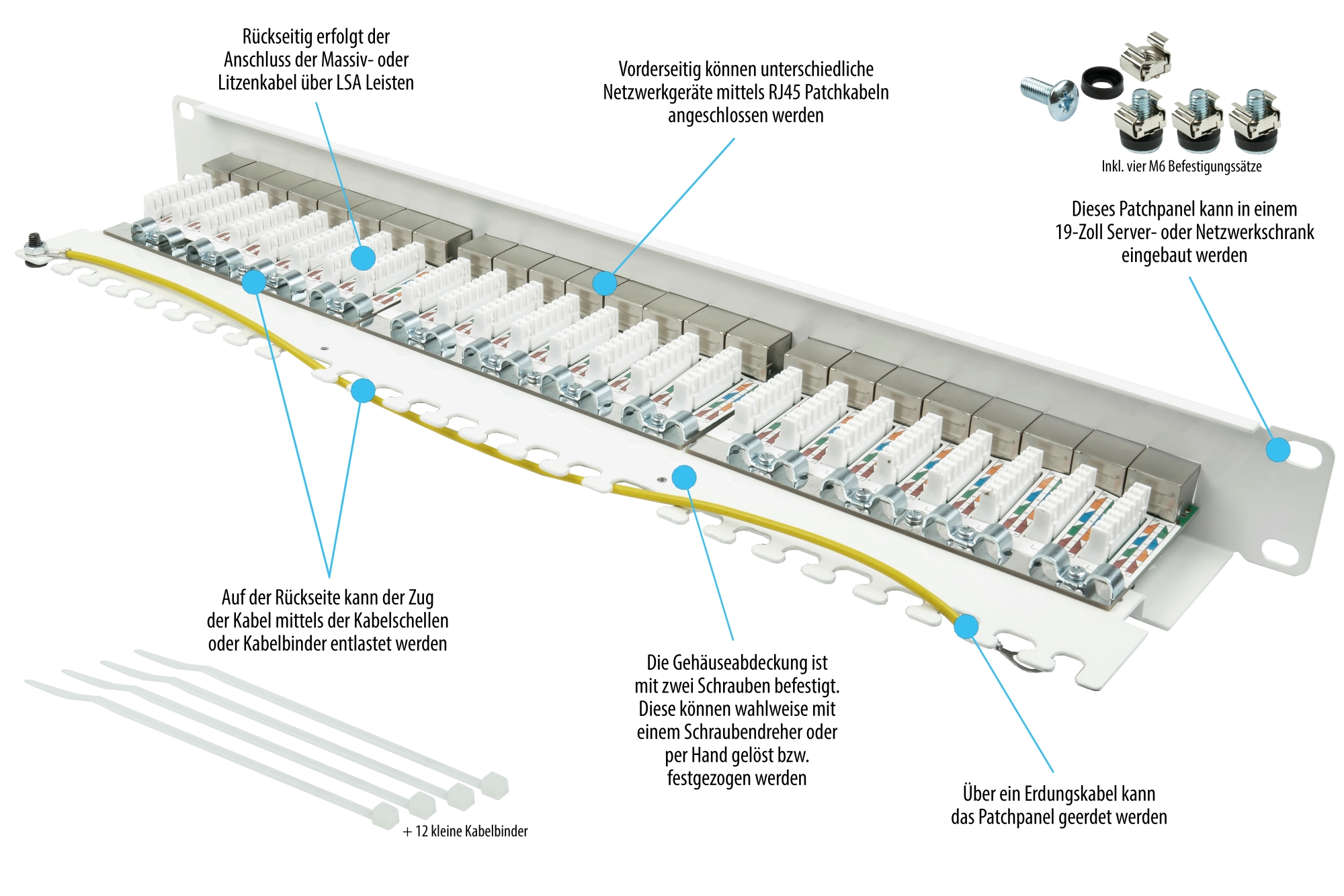 Patch Panel 19" Cat. 6A, 24-port, 1 U, STP shielded, toolless opening, pure white (RAL9010), Good Connections®