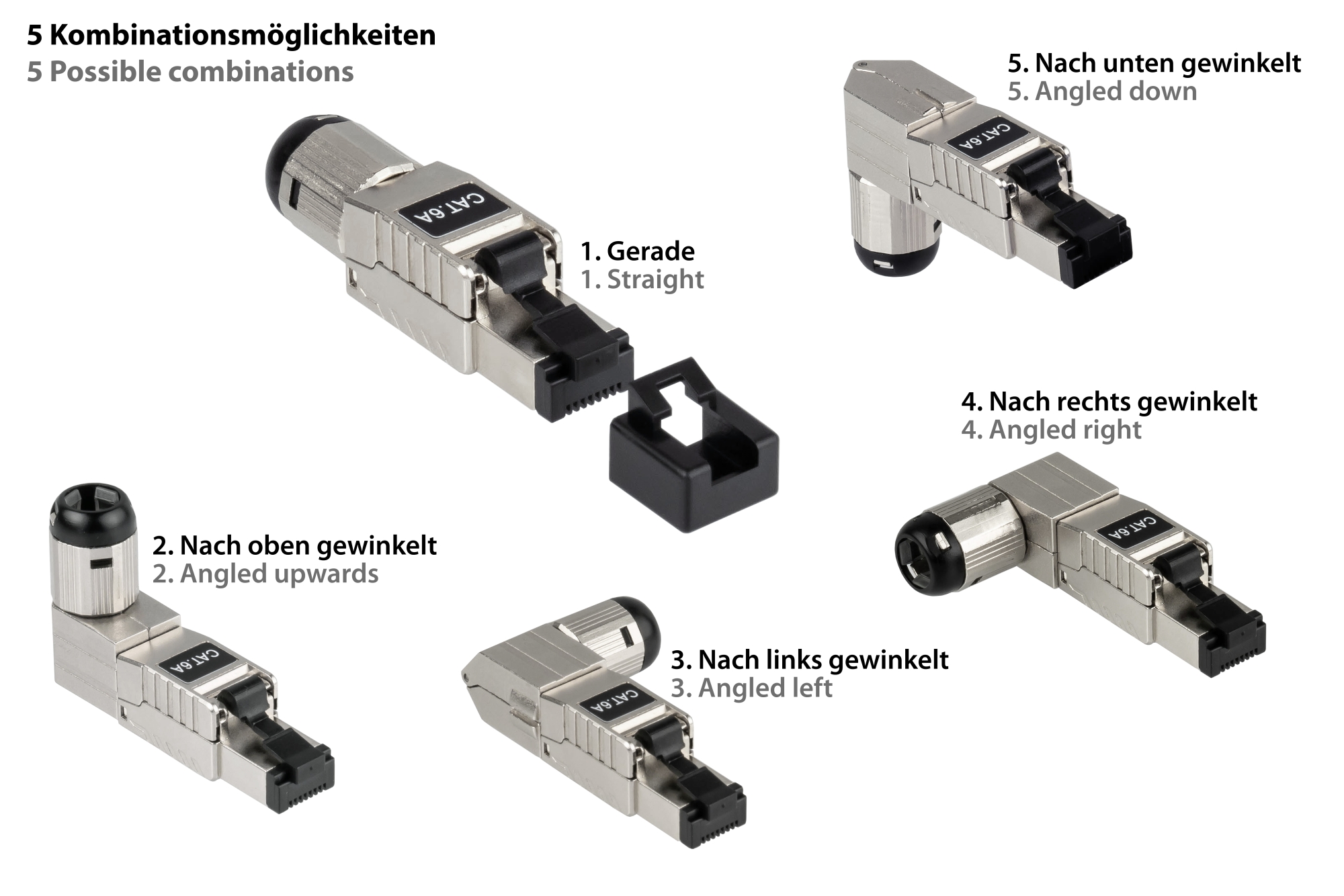 RJ45 plug Cat. 6A, tool-free / field-terminable, STP shielded, metal, 5 directions, Good Connections®