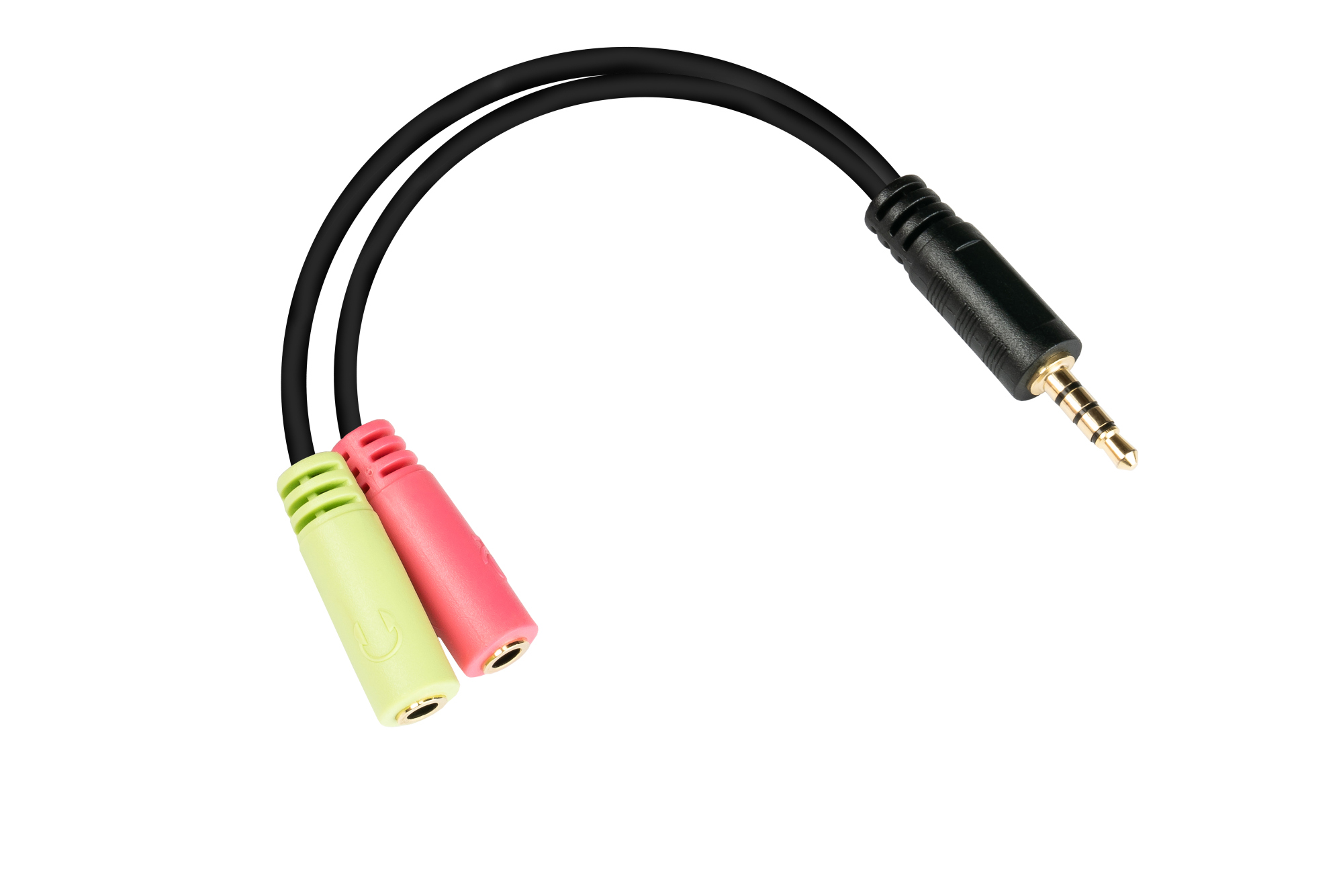 Headset adapter, 4-pin 3.5mm jack plug to 2x 3-pin 3.5mm jack socket, OMTP pin assignment, black, 0.2m, Good Connections®