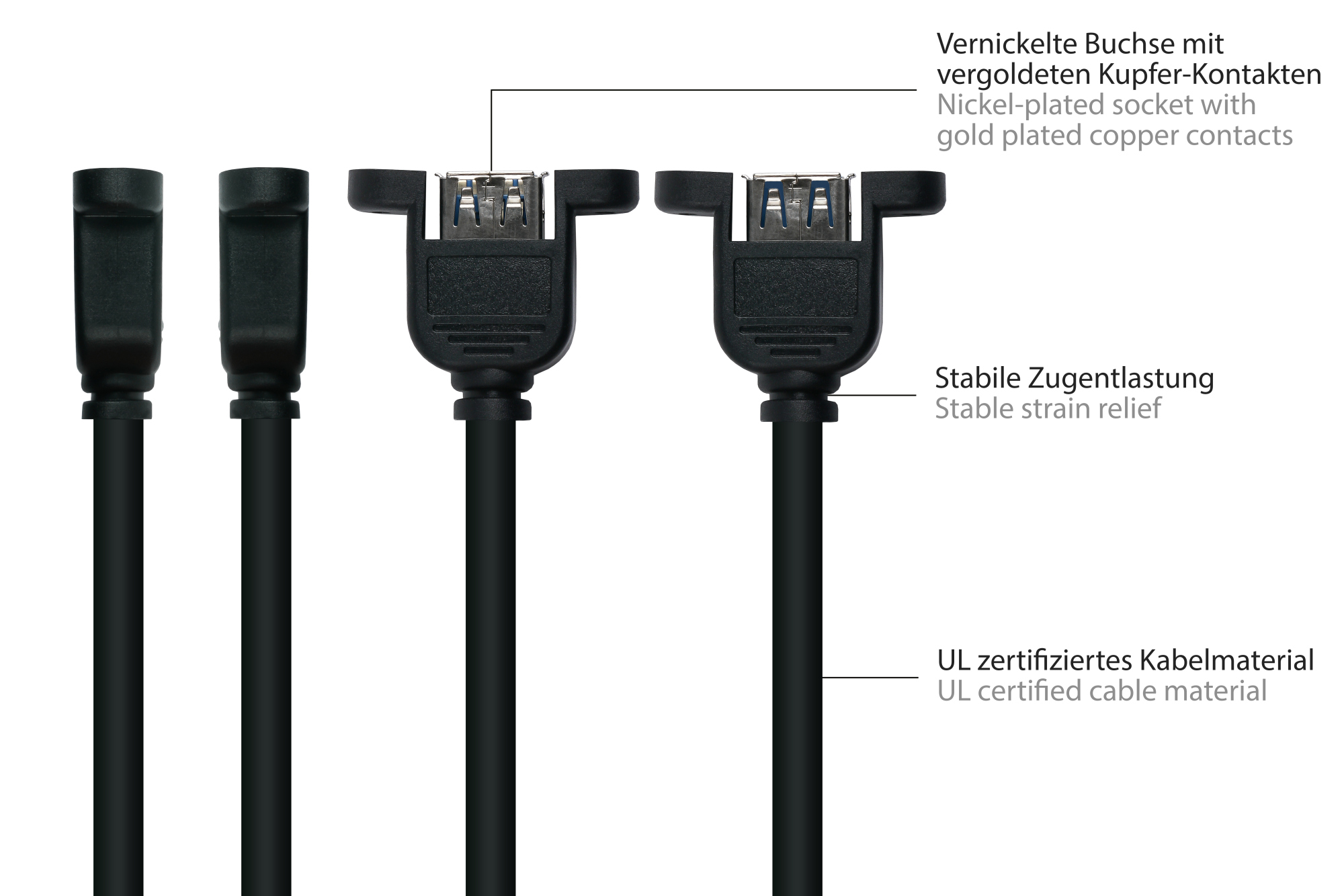 kabelmeister® Einbau-Verlängerungskabel USB 3.0 Stecker A an Einbaubuchse A, Premium, DATA AWG28 / Power AWG24, UL, KUPFER, schwarz, 0,3m
