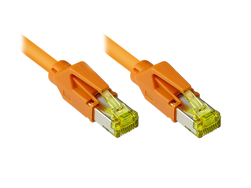 Patchkabel mit Cat. 7 Draka UC900 Rohkabel (900MHz) und Hirose TM31 Stecker (500MHz) beidseitig, S/FTP, PiMF, halogenfrei (LSZH), KUPFER, orange, 14m