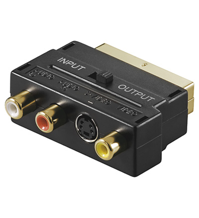 Scart Adapterstecker, Scart / S-VHS + 3 x Cinch, In + Out, vergoldete Kontakte