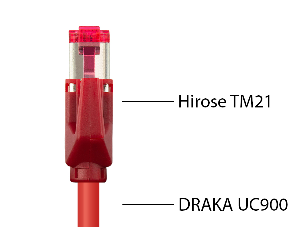 Patchkabel mit Cat. 7 Draka UC900 Rohkabel (900MHz) und Hirose TM21 Stecker (250MHz) beidseitig, S/FTP, PiMF, halogenfrei (LSZH), KUPFER, rot, 3m