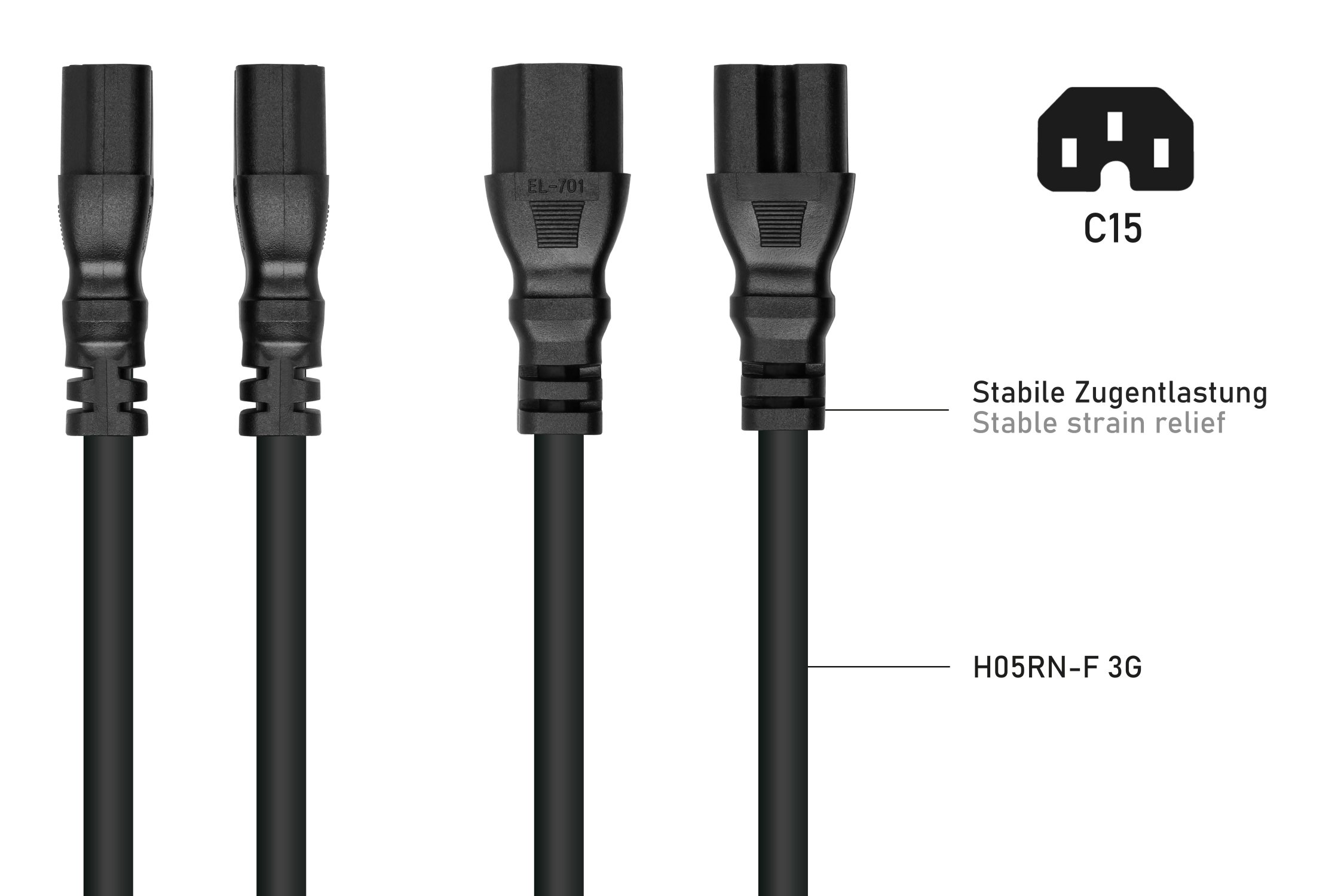 kabelmeister® Netzkabel Schutzkontakt-Stecker Typ E+F (90° gew.) an Warmgeräte-Buchse C15, schwarz, 1,00mm², 0,5m
