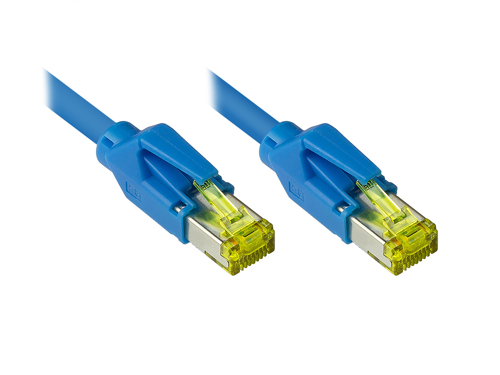 Patchkabel mit Cat. 7 Draka UC900 Rohkabel (900MHz) und Hirose TM31 Stecker (500MHz) beidseitig, S/FTP, PiMF, halogenfrei (LSZH), KUPFER, blau, 29m