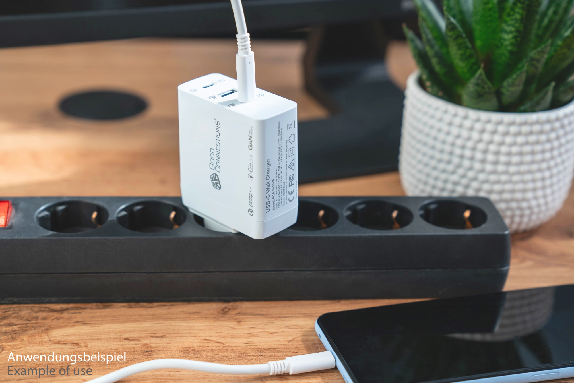 USB fast charger 100W with GaN technology, 3-port (2x USB-C™ and 1x USB-A), PD 3.0, QC 4+, white, Good Connections®