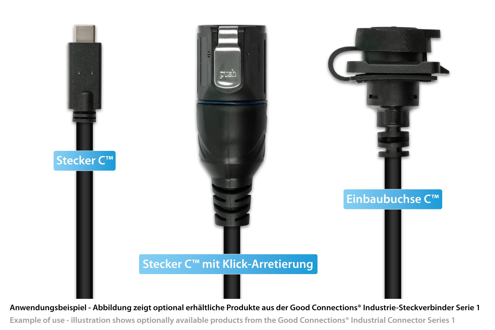 Industrial connector S1 - USB 3.2 Gen. 2 cable, plug C™ to panel socket C™, M16, IP65/67, 0,5m, Good Connections®