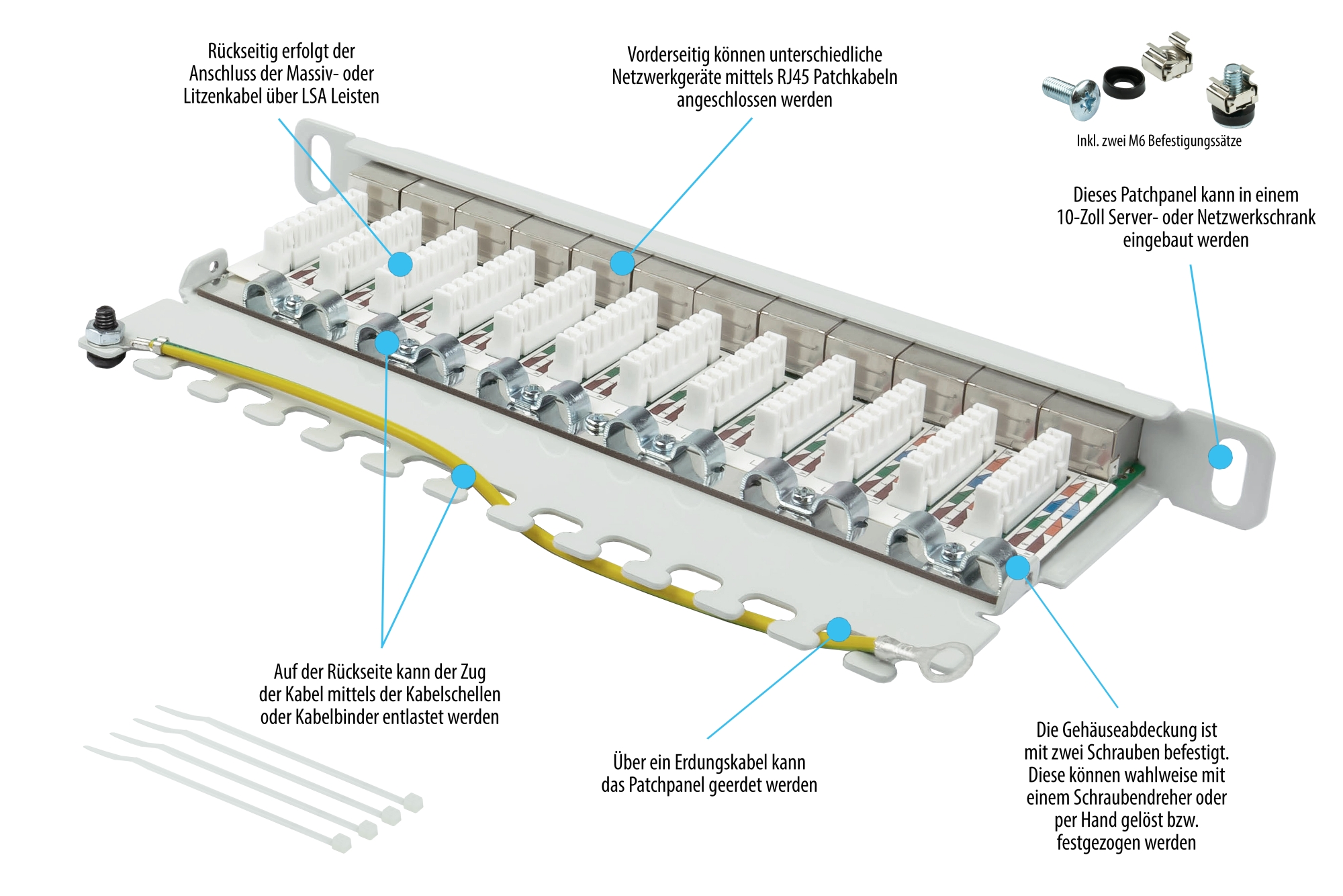 Patch Panel 10" Cat. 6A, 12-port, 0,5 U, STP shielded, toolless opening, light grey (RAL7035), Good Connections®