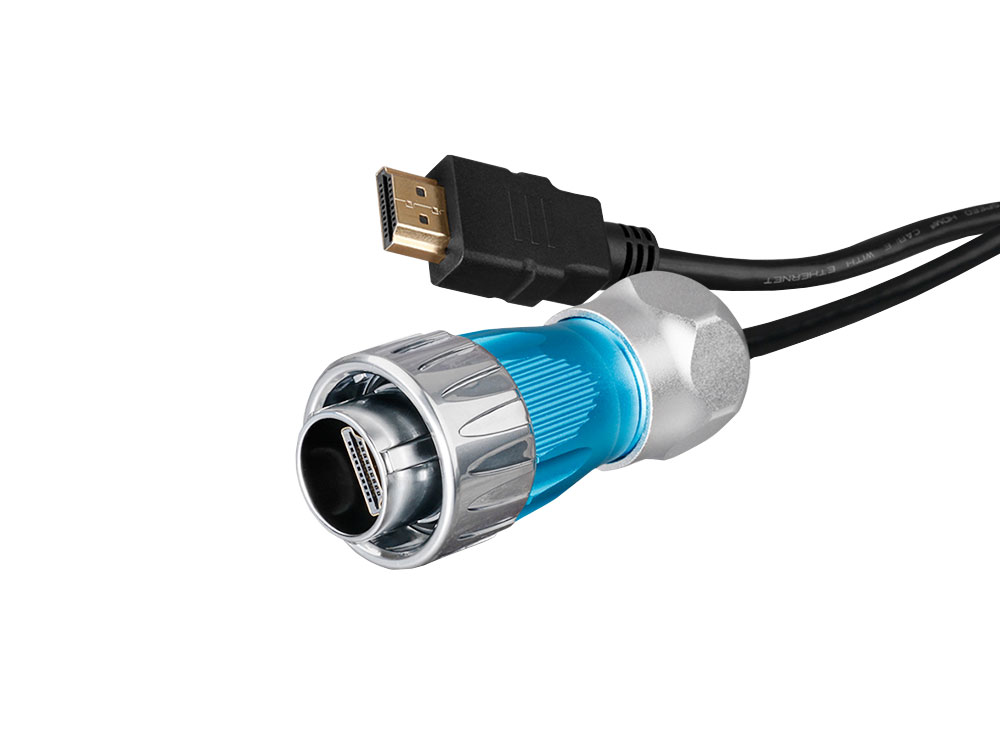 Industrial Connector S3 - HDMI 2.0b cable, Plug A with cable gland to Plug A, metal, M24, bayonet, IP65/67, 1m, Good Connections®