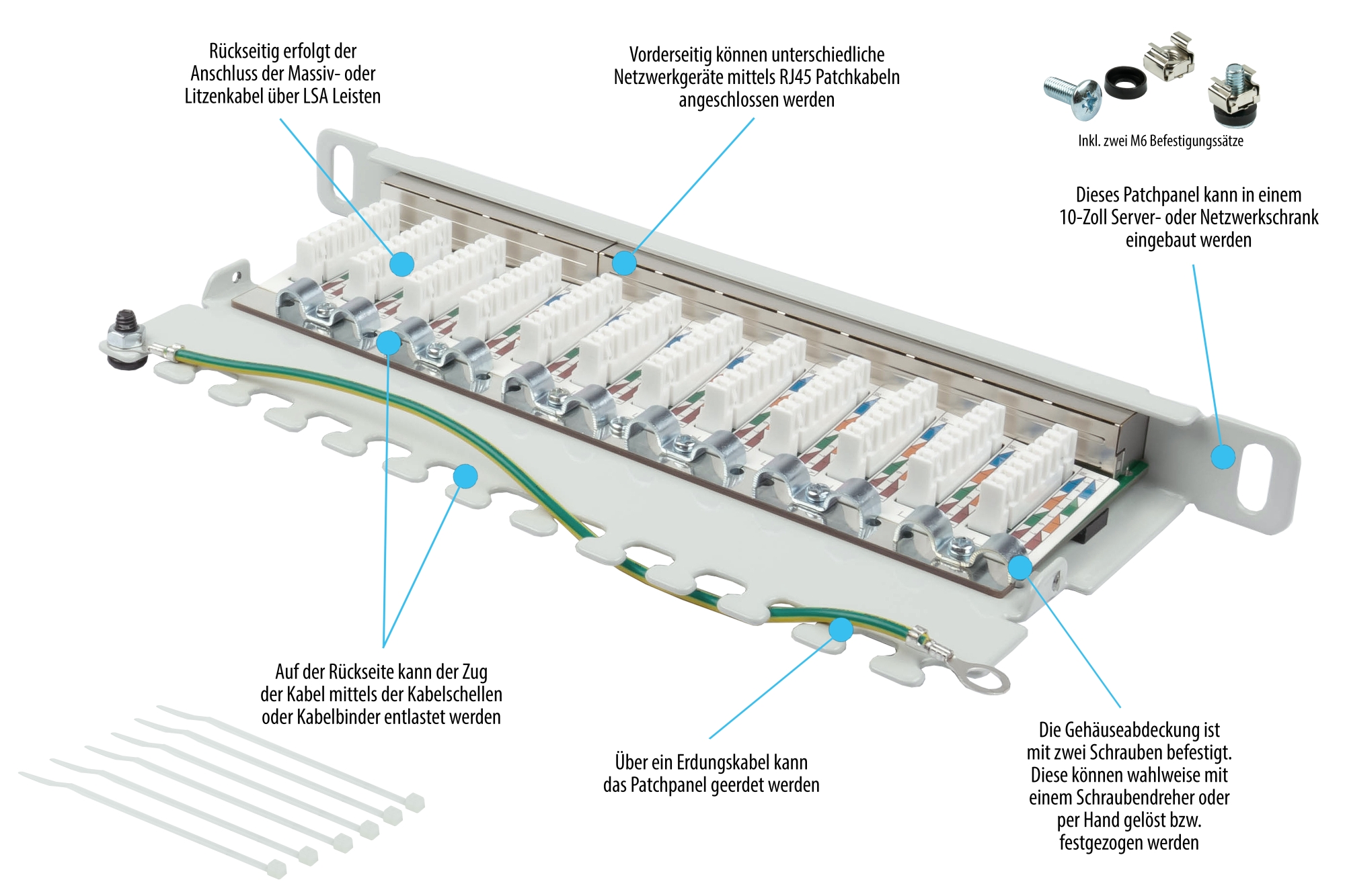 Patch Panel 10" Cat. 6, 12-port, 0,5 U, STP shielded, toolless opening, light grey (RAL7035), Good Connections®