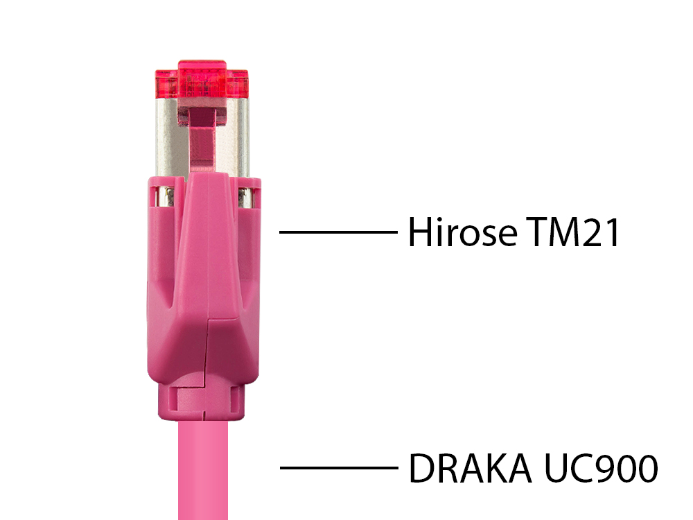 Patchkabel mit Cat. 7 Draka UC900 Rohkabel (900MHz) und Hirose TM21 Stecker (250MHz) beidseitig, S/FTP, PiMF, halogenfrei (LSZH), KUPFER, magenta, 18m