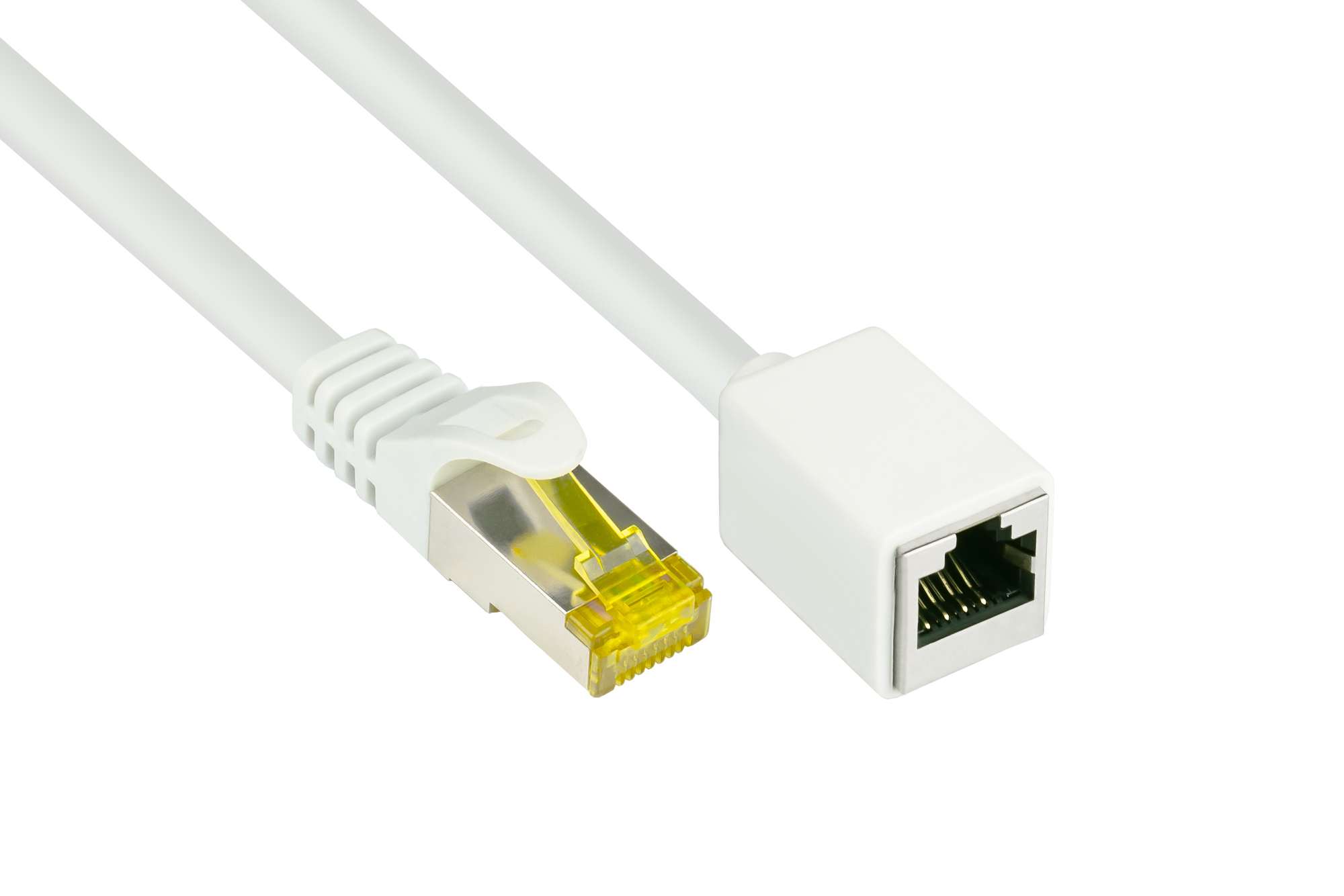 RJ45 Patchkabelverlängerung mit Cat. 7 Rohkabel und Rastnasenschutz (RNS®), S/FTP, PiMF, halogenfrei, 500MHz, OFC, weiß, 2m, Good Connections®