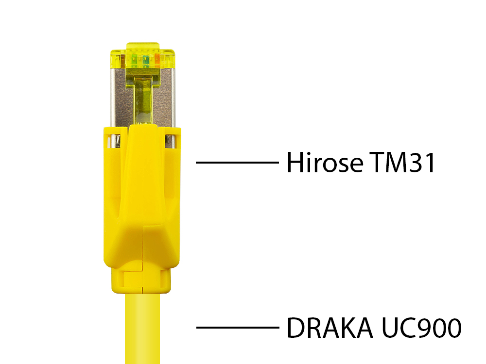 Patchkabel mit Cat. 7 Draka UC900 Rohkabel (900MHz) und Hirose TM31 Stecker (500MHz) beidseitig, S/FTP, PiMF, halogenfrei (LSZH), KUPFER, gelb, 0,5m