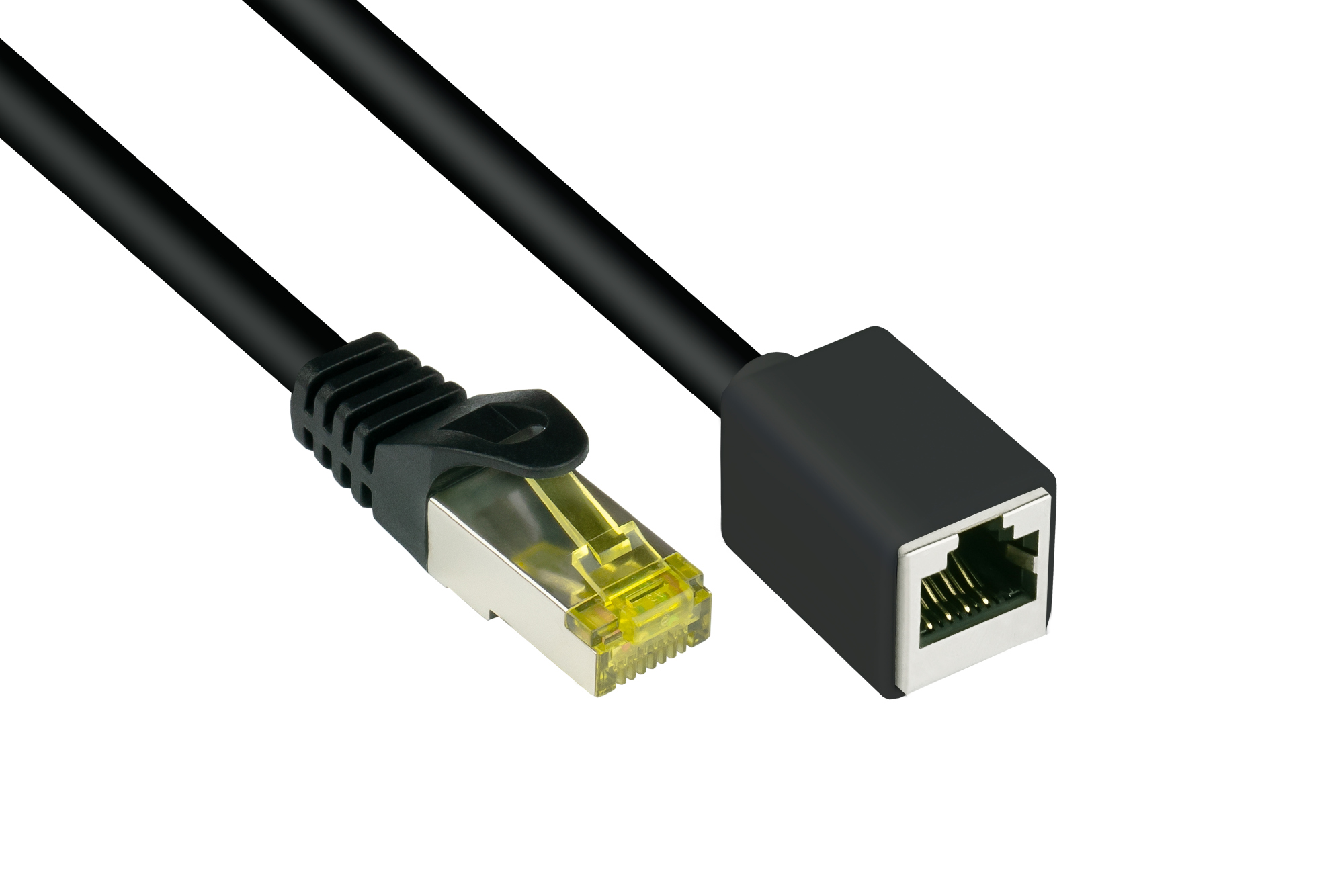 RJ45 Patchkabelverlängerung mit Cat. 7 Rohkabel und Rastnasenschutz (RNS®), S/FTP, PiMF, halogenfrei, 500MHz, OFC, schwarz, 5m, Good Connections®