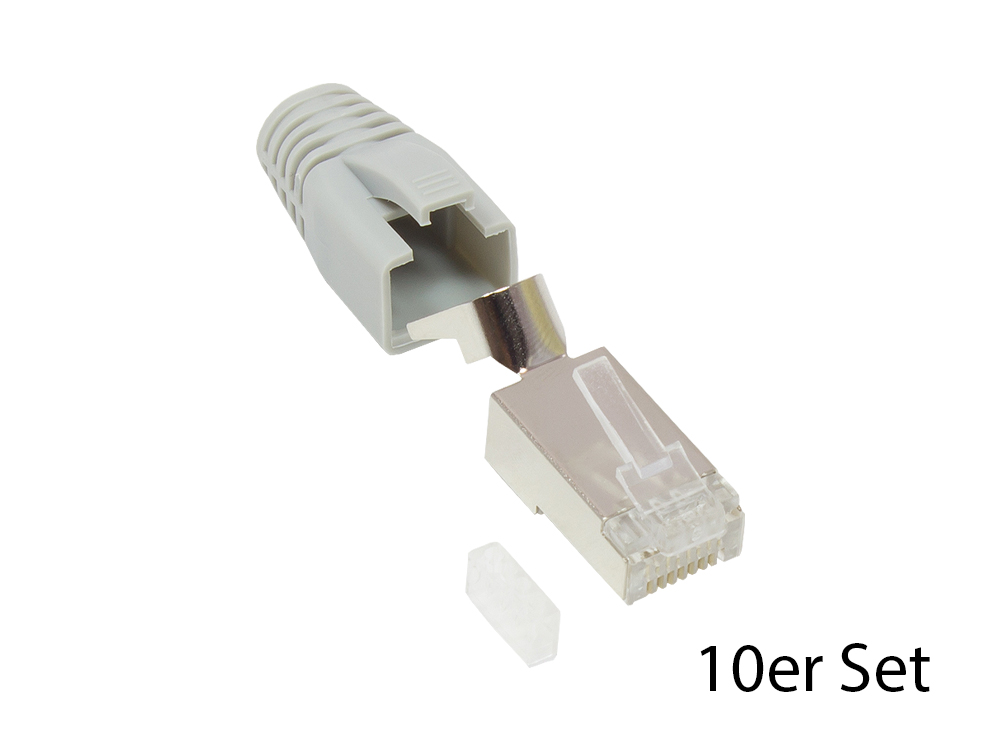 RJ45 Network plug Cat.6A, shielded, for Cat.7, Cat.6A, Cat.6 cable, within kink protection and threading help, grey, set of 10 pcs.,Good Connections®