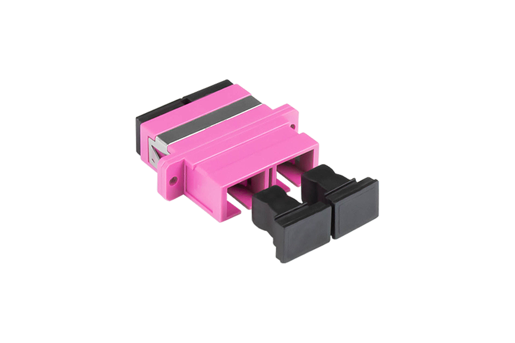Fibre optic duplex coupling, SC (UPC) to SC (UPC), OM4, multimode, plastic housing with flange, ceramic sleeve, violet, Good Connections®
