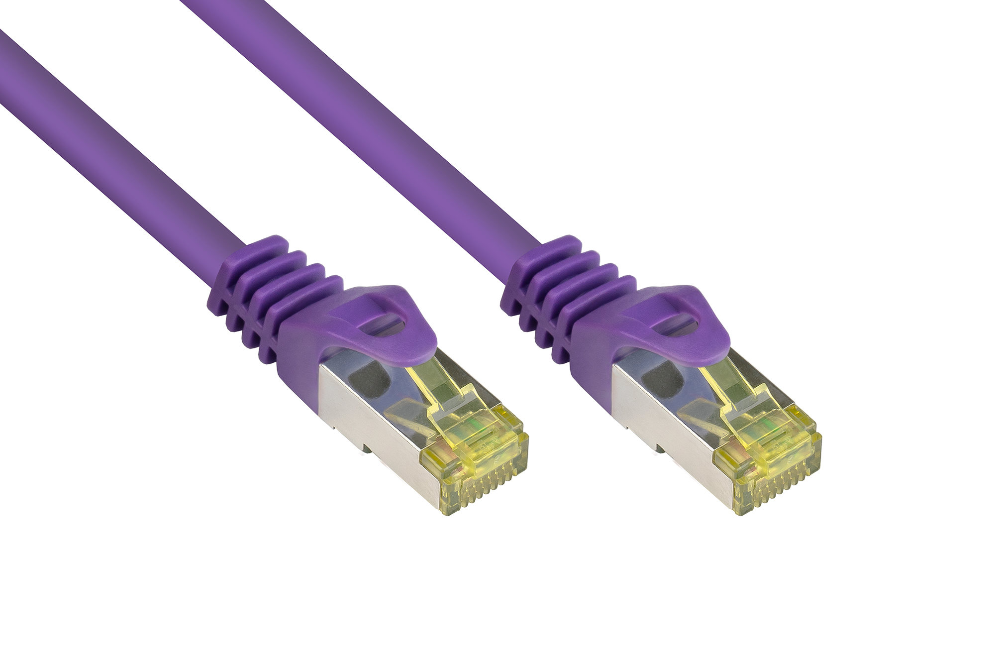 RJ45 Patchkabel mit Cat. 7 Rohkabel und Rastnasenschutz (RNS®), S/FTP, PiMF, halogenfrei, 500MHz, OFC, violett, 0,15m, Good Connections®