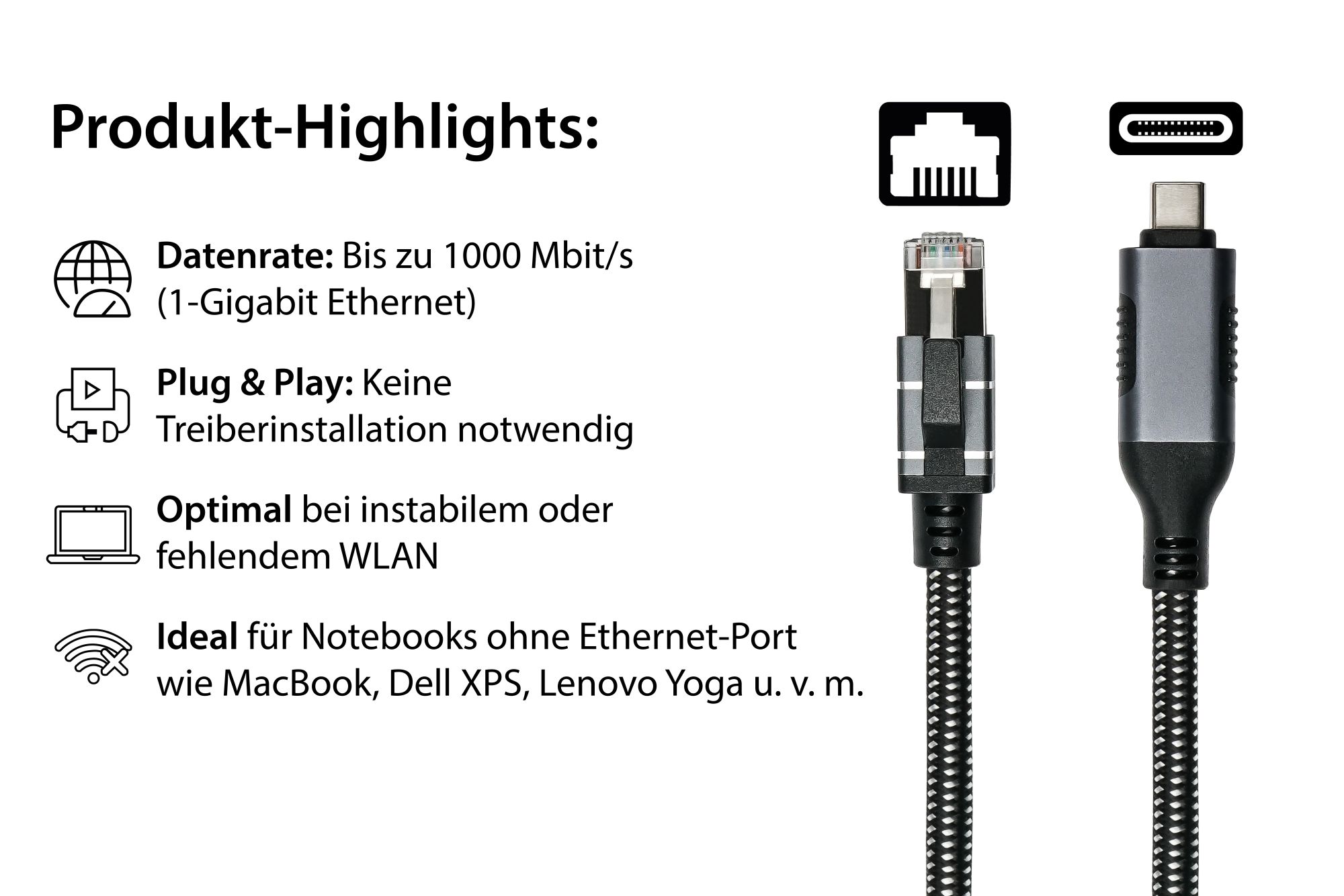 Ethernet-Kabel USB-C™ Stecker an RJ45 Stecker, Textilmantel, anthrazit, 1,5m, Good Connections®