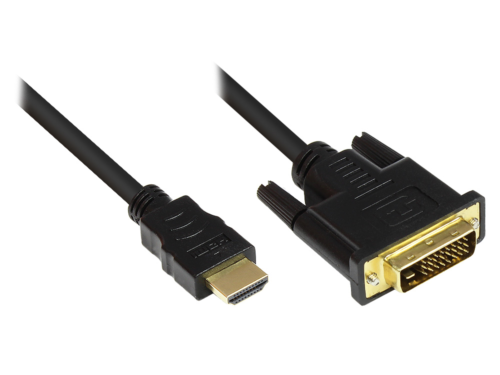 Connection cable HDMI 19pol plug to DVI-D 24+1 plug, 24K gold-plated plugs and Kupferkontakte, OFC, black, 5m, Good Connections®