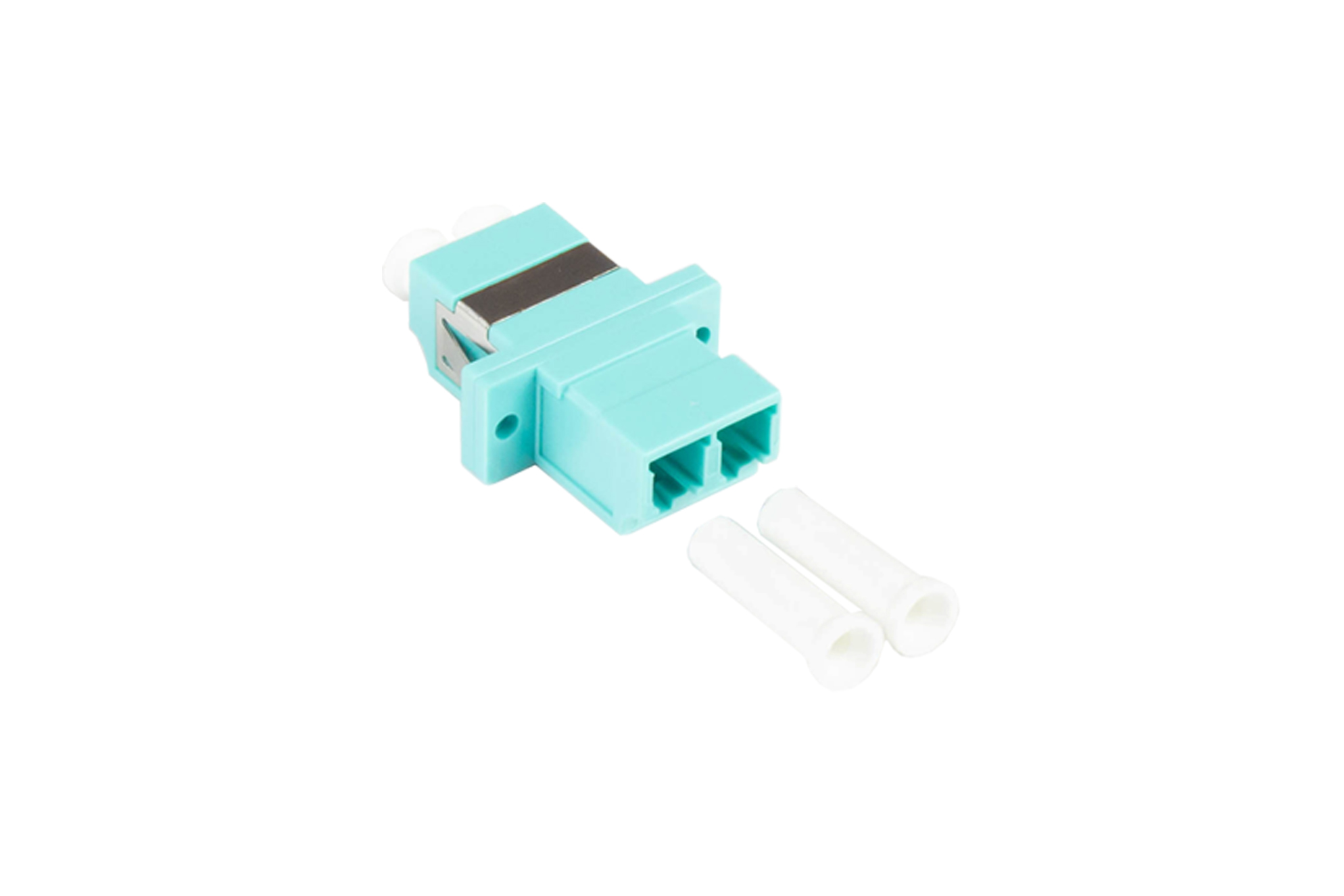 Fibre optic duplex coupling, LC (UPC) to LC (UPC), OM3, Multimode, plastic housing with flange, ceramic sleeve, aqua, Good Connections®