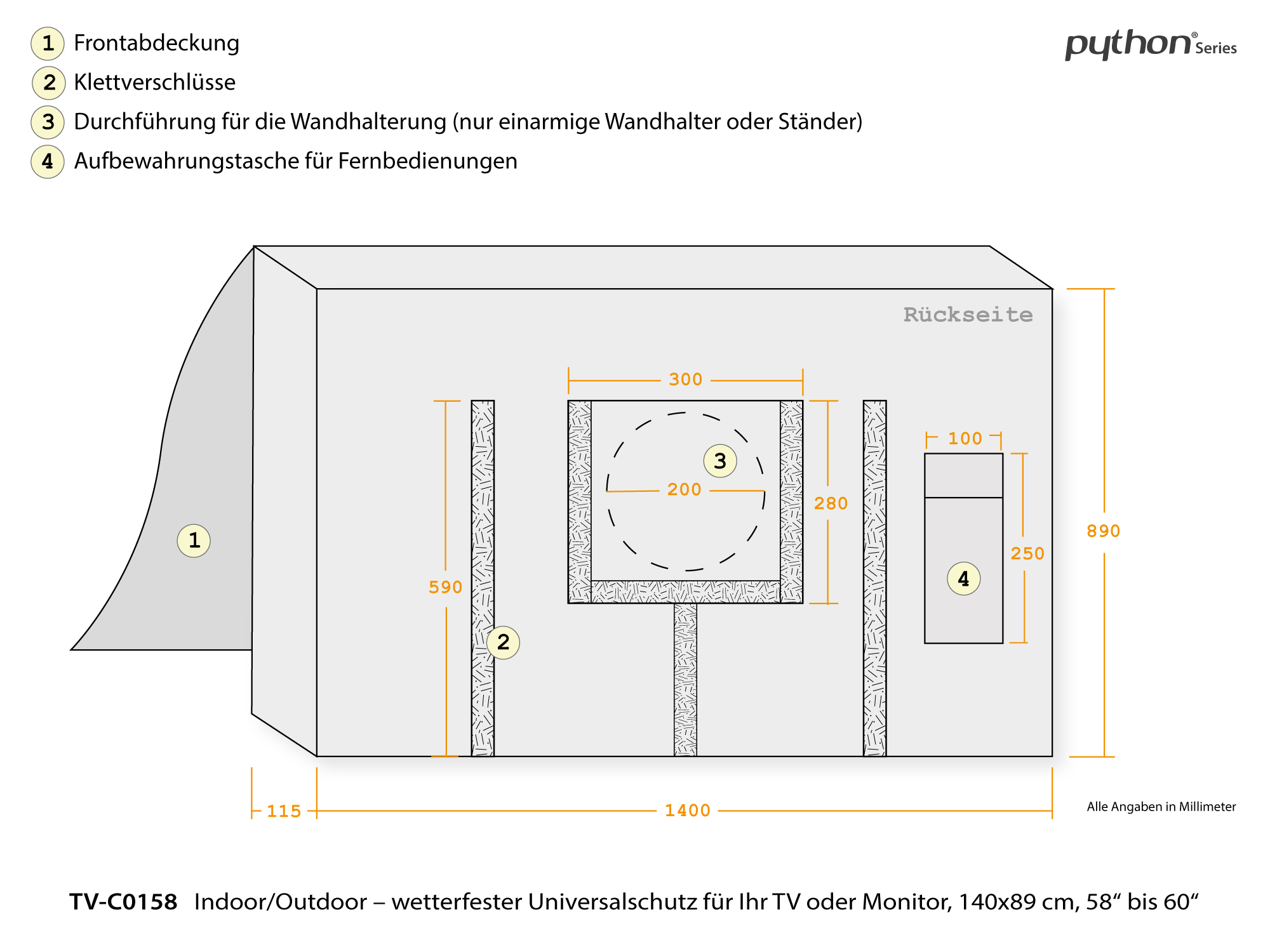 Python® Series TV-Cover Indoor/Outdoor – wetterfester Universalschutz for Ihr TV or Monitor, 140x89 cm, 58“ up to 60“