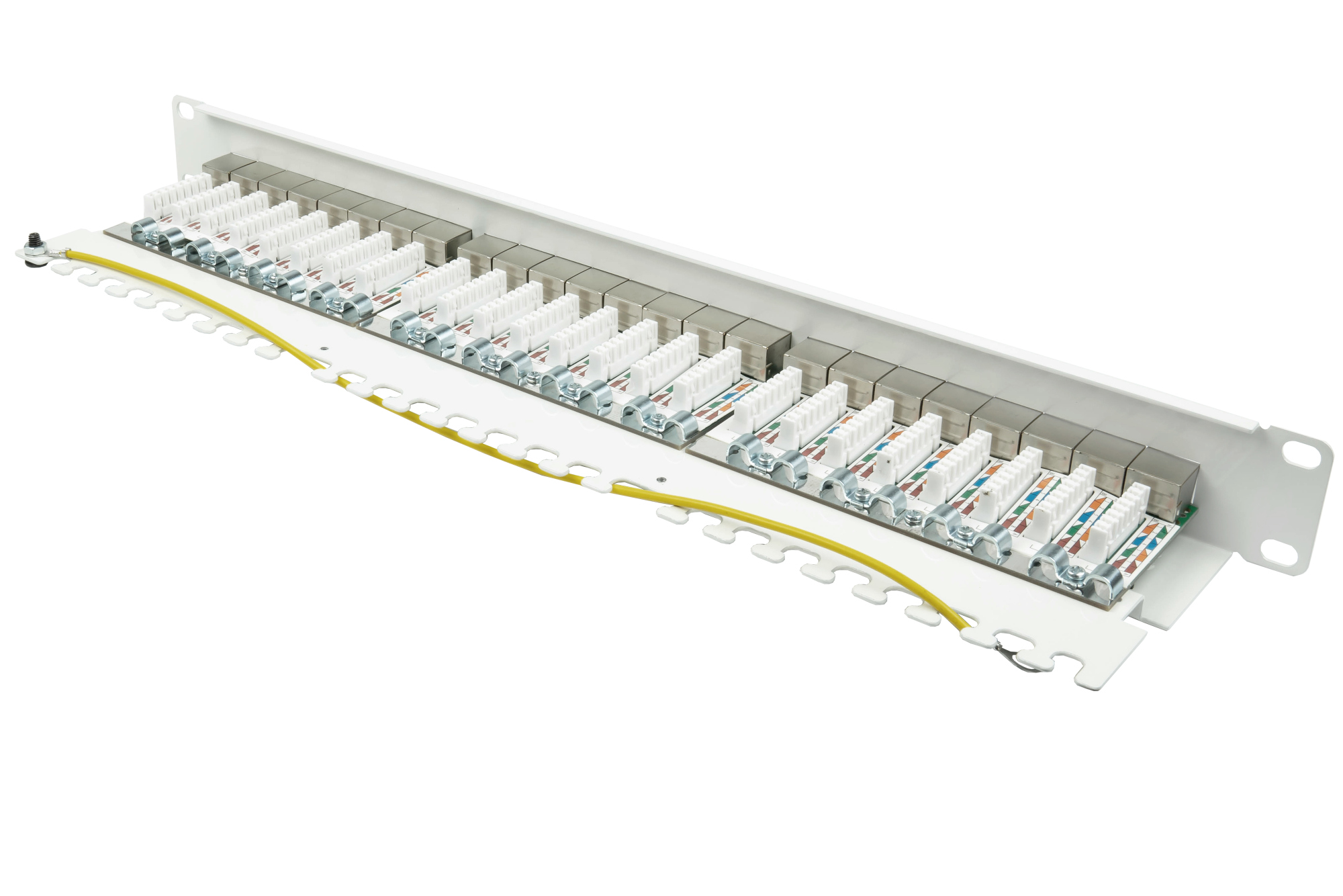 Patchpanel 19" Cat. 6A, 24-Port, 1 HE, STP geschirmt, werkzeugloses Öffnen, Reinweiß (RAL9010), Good Connections®