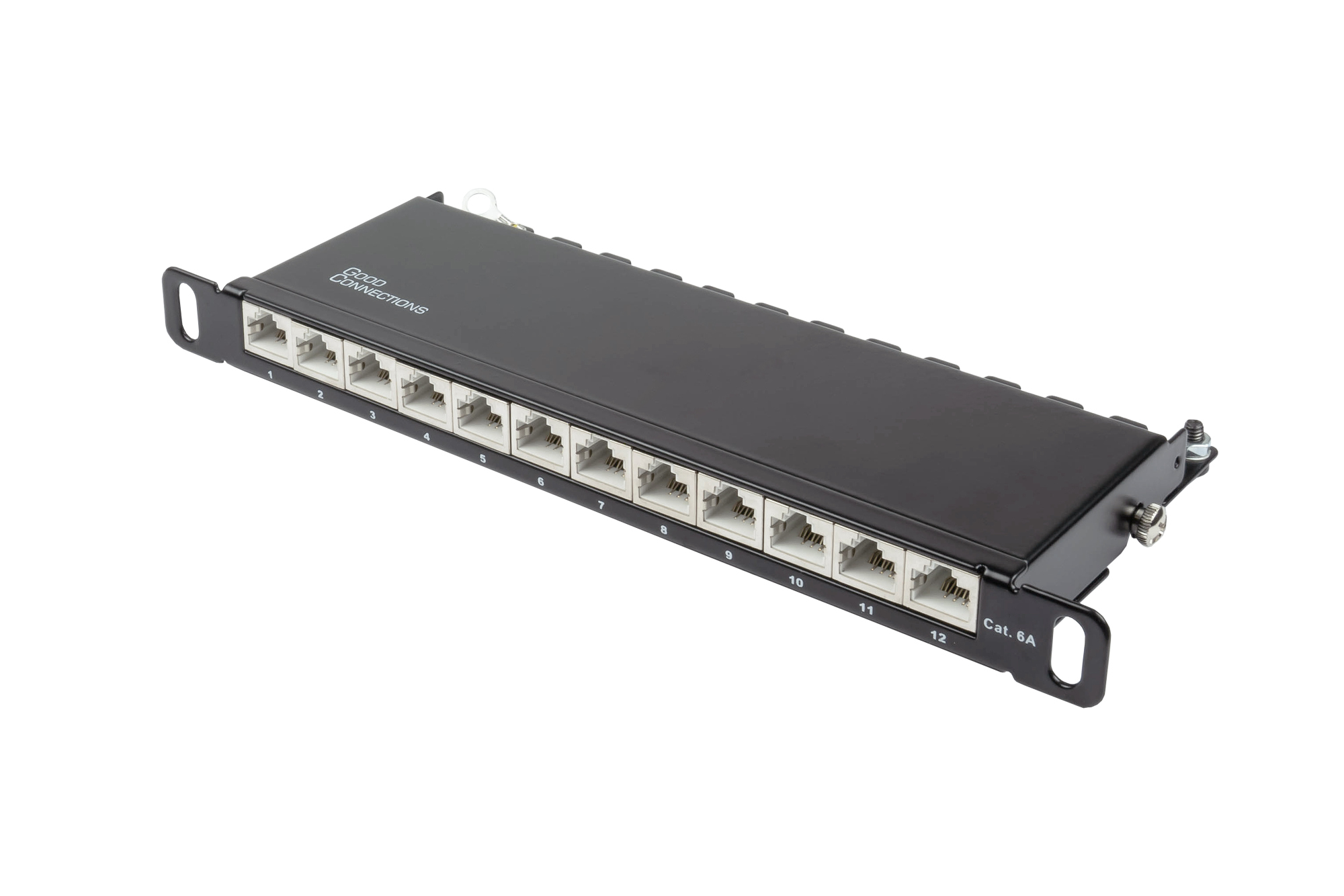 Patch Panel 10" Cat. 6A, 12-port, 0,5 U, STP shielded, toolless opening, deep black (RAL9005), Good Connections®