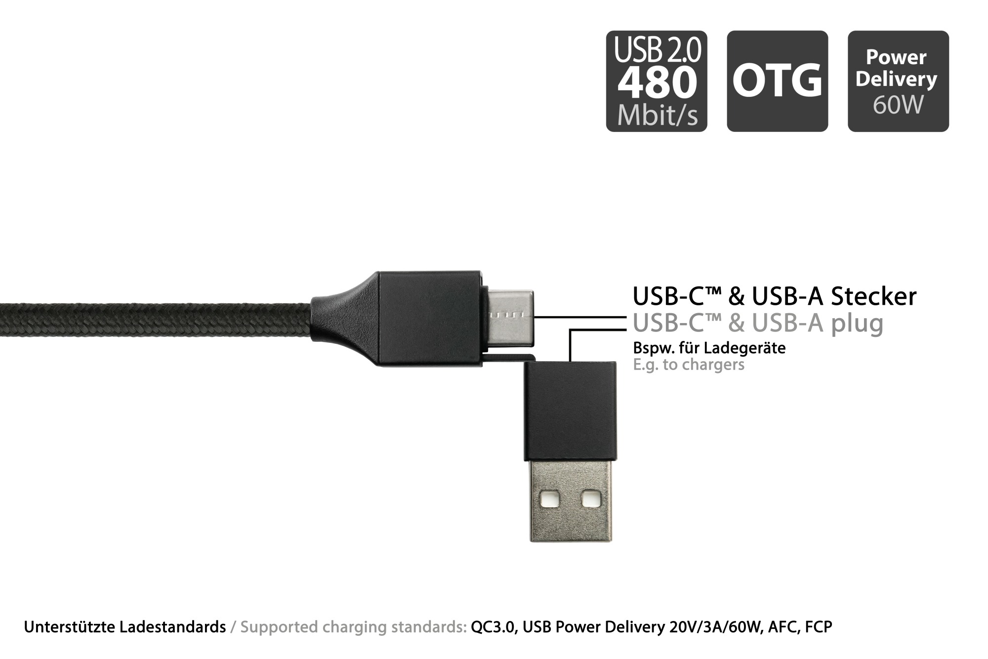 USB 2.0 charging and data cable, USB-A and USB-C™ to USB-C™, QC 3.0, PD 60W, textile sheath, black, 1m, PYTHON® Series