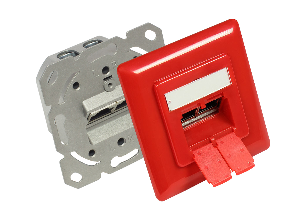Netzwerkdose Cat. 6A, 2xRJ45, geschirmt, Unterputzdose, inkl. Zentralstück und Abdeckrahmen, verkehrsrot RAL3020, Good Connections