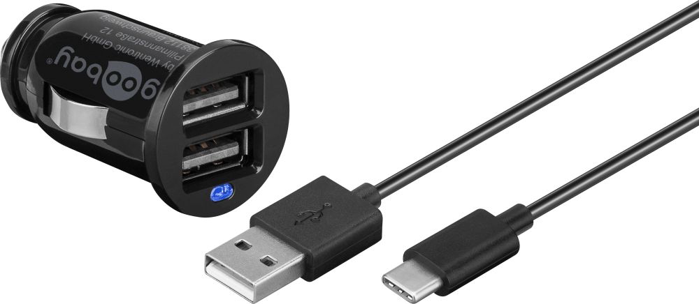 KFZ USB-Ladeadapter, 2-Port, 2,1 A, inkl. Anschlusskabel USB-C-Stecker an USB A Stecker, 1m, schwarz