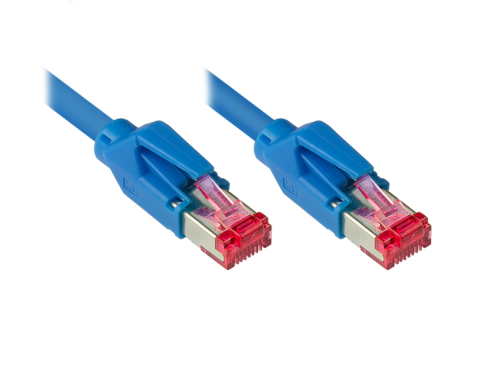 Patchkabel mit Cat. 7 Draka UC900 Rohkabel (900MHz) und Hirose TM21 Stecker (250MHz) beidseitig, S/FTP, PiMF, halogenfrei (LSZH), KUPFER, blau, 14m
