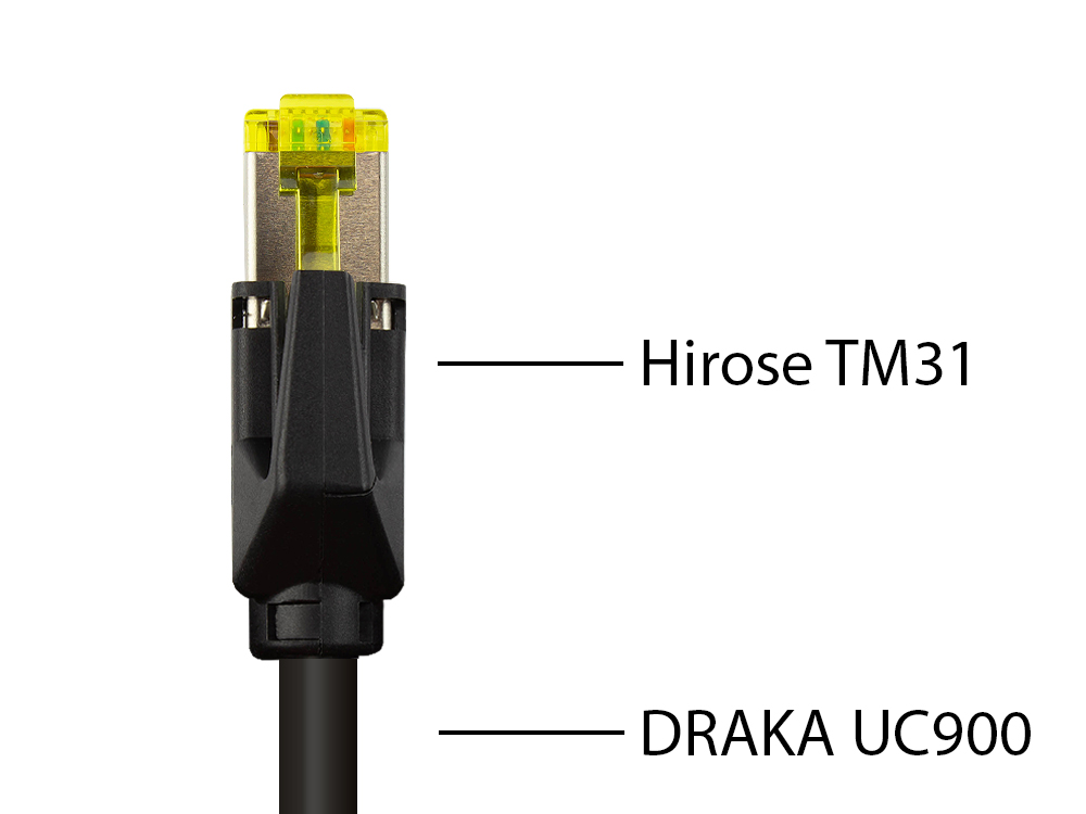Patchkabel mit Cat. 7 Draka UC900 Rohkabel (900MHz) und Hirose TM31 Stecker (500MHz) beidseitig, S/FTP, PiMF, halogenfrei (LSZH), KUPFER, schwarz, 1m