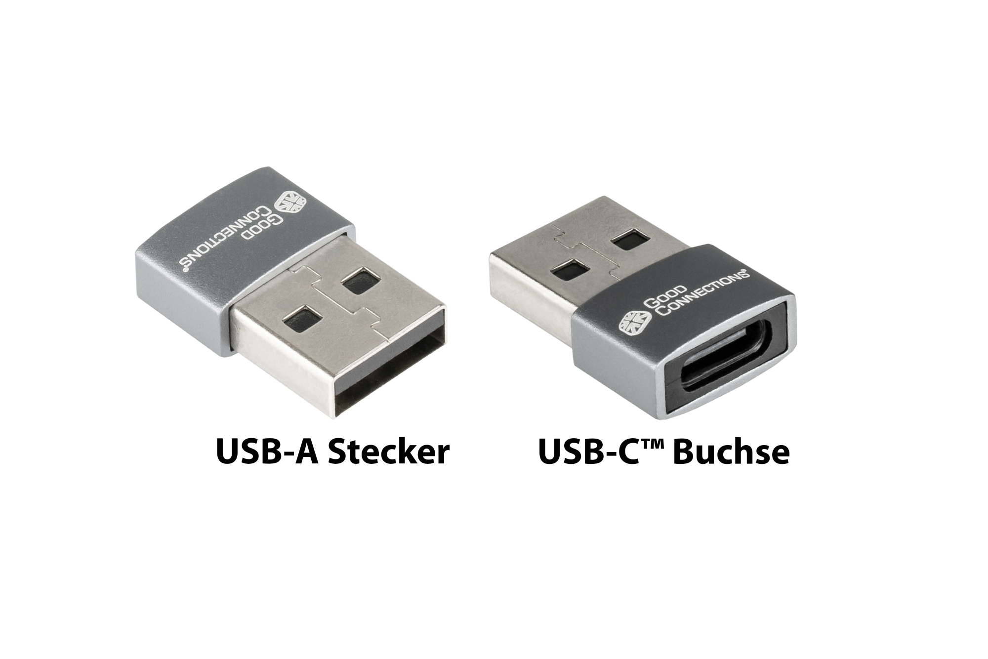 Adapter USB 2.0 plug A to USB-C™ socket, aluminum housing, grey, Good Connections®