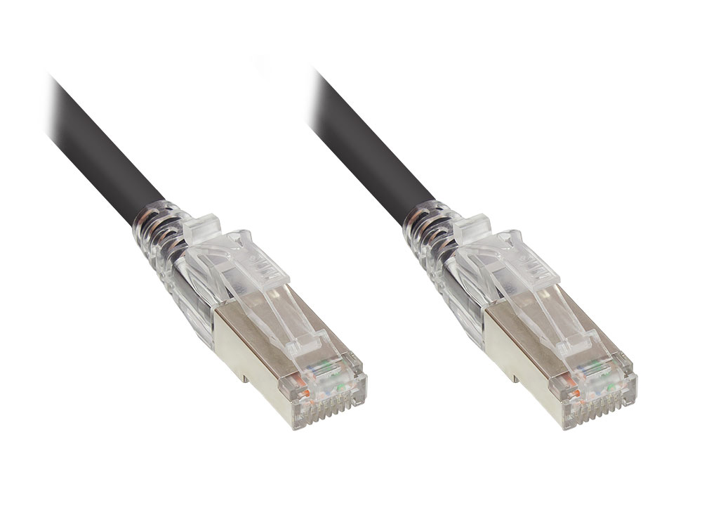 RNS® Patchkabel mit Rastnasenschutz und Verriegelung, Cat. 6A, S/FTP, PiMF, halogenfrei (LSZH), 500MHz, schwarz, 1,5m, Good Connections®