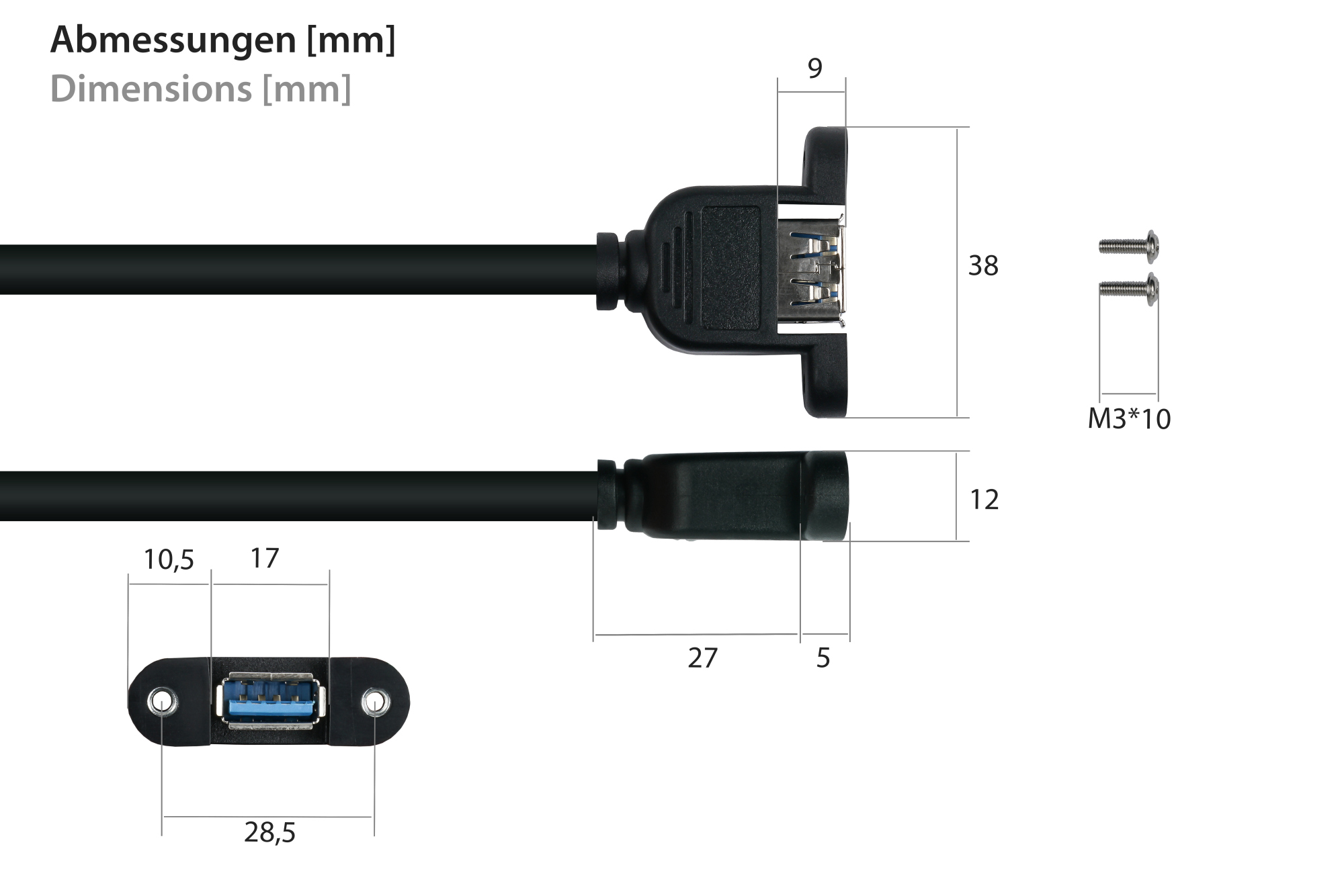 kabelmeister® Einbau-Verlängerungskabel USB 3.0 Stecker A an Einbaubuchse A, Premium, DATA AWG28 / Power AWG24, UL, KUPFER, schwarz, 1m