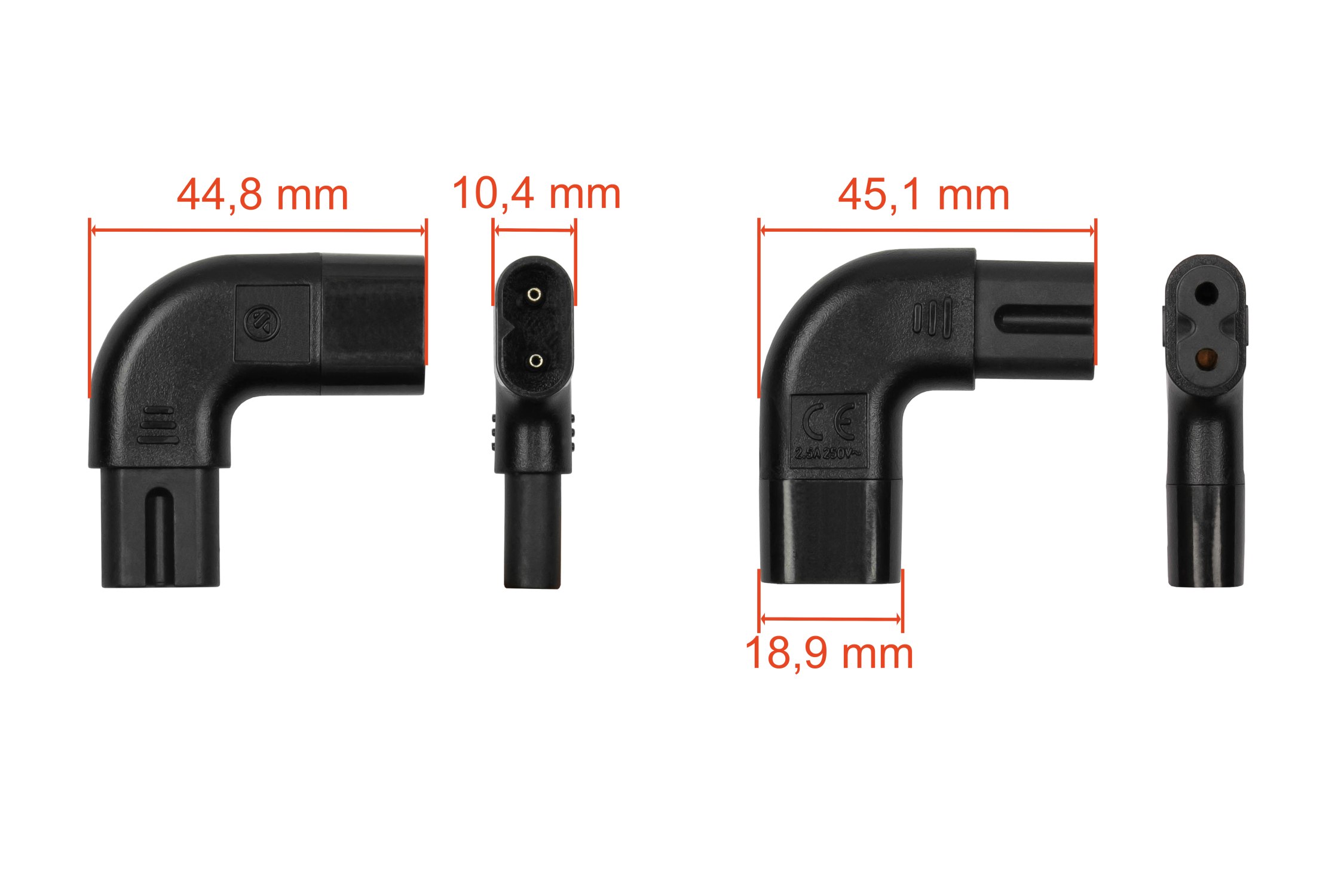 kabelmeister® power adapter plug C8 to C7/Euro 8 socket, angled left/right, black