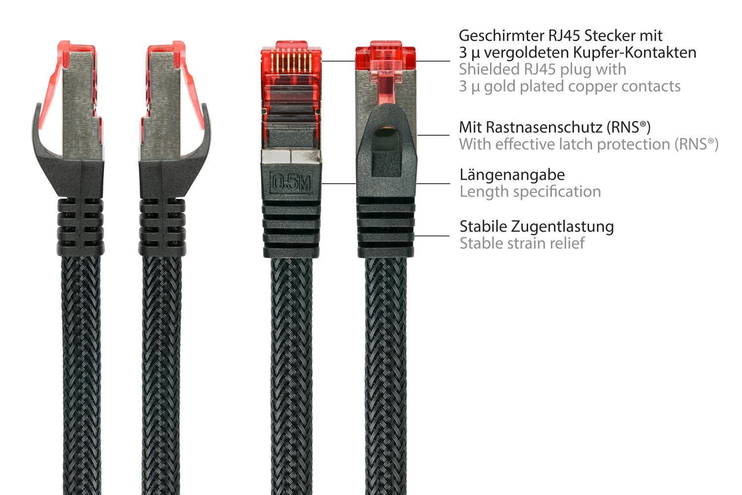 Python® Series Patchkabel mit Rastnasenschutz (RNS®) und Nylongeflecht, Cat. 6, S/FTP, PiMF, PVC, 250MHz, OFC, schwarz, 0,5m