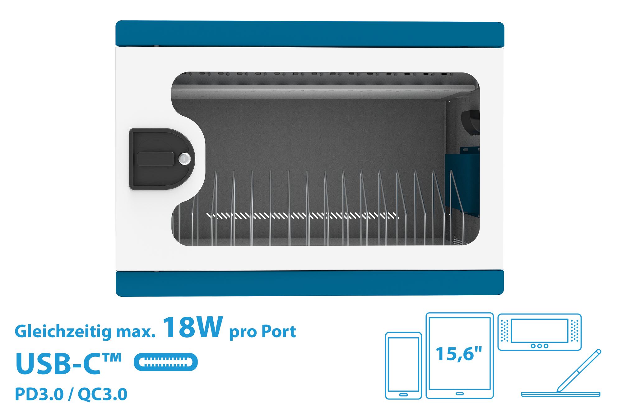 Good Connections® GEMMA T16C Ladeschrank/-wagen für 16 Geräte, USB-C™, 18W pro Port, PD 3.0, QC 3.0, weiß/blau
