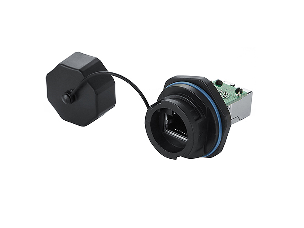 Industrial connector S6 - RJ45 feed-through coupling with PCB board / printed circuit board, RJ45 socket on both sides, bayonet, Good Connections®