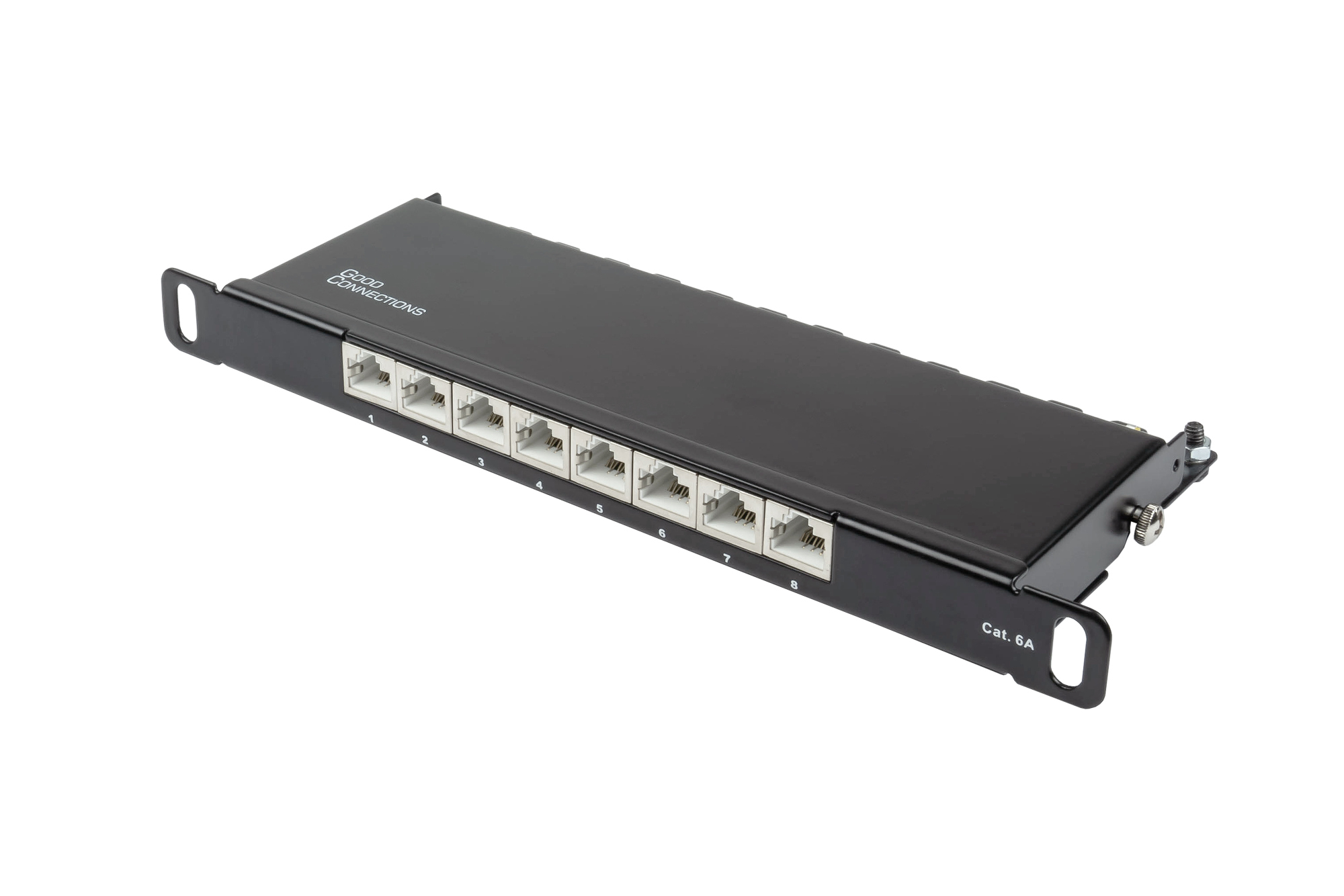 Patch Panel 10" Cat. 6A, 8-port, 0,5 U, STP shielded, toolless opening, deep black (RAL9005), Good Connections®