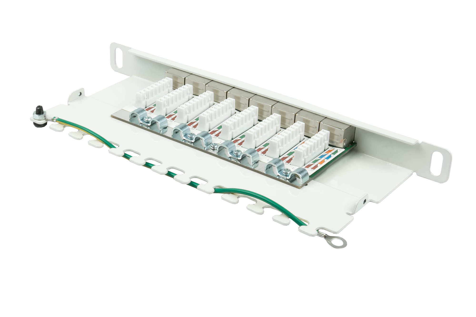 Patch Panel 10" Cat. 6A, 8-port, 0,5 U, STP shielded, toolless opening, pure white (RAL9010), Good Connections®