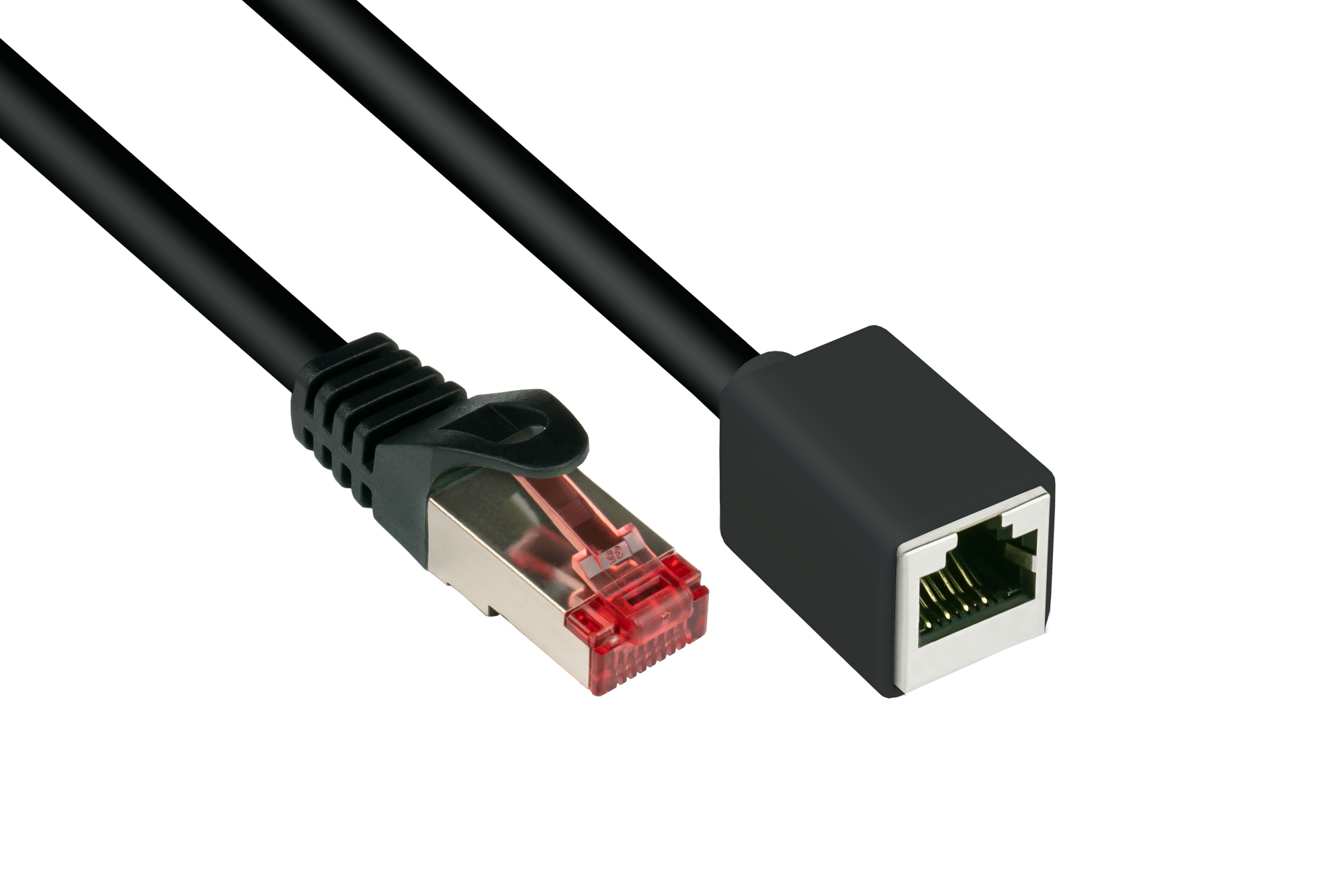 RNS® Patchkabelverlängerung mit Rastnasenschutz, Cat. 6, S/FTP, PiMF, PVC, 250MHz, OFC, CU, schwarz, 1m, Good Connections®