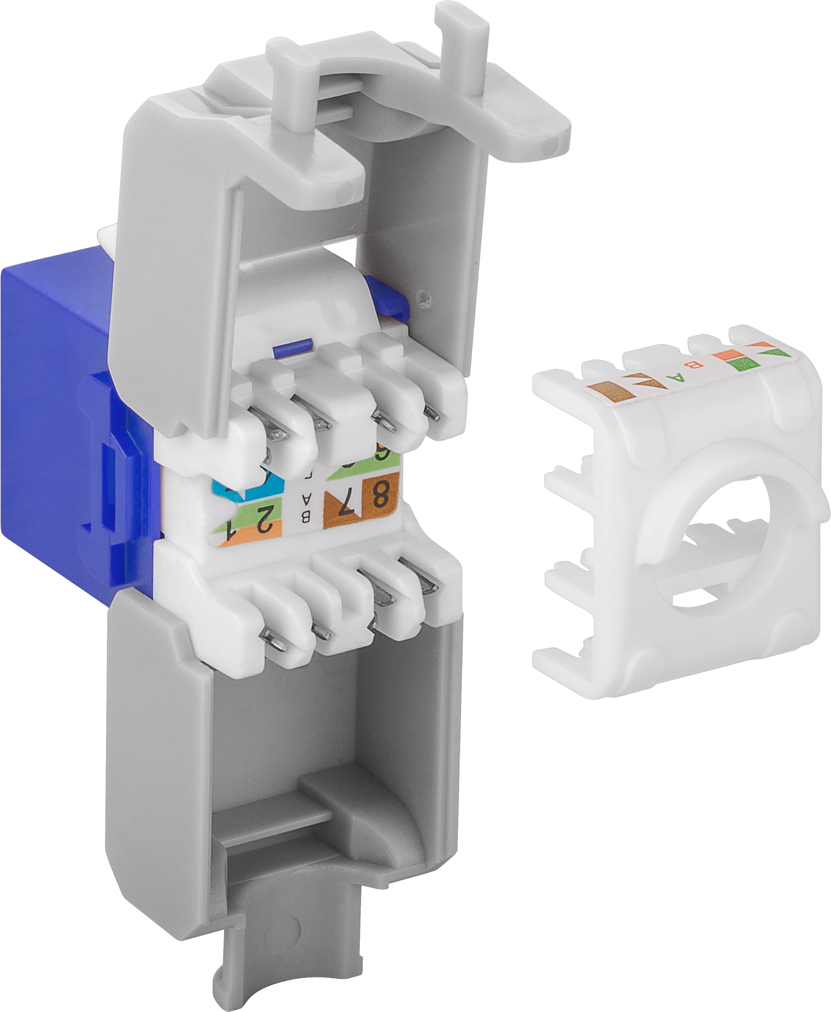 KeyStone RJ45 Jack, Cat. 6a, ungeschirmt, 500MHz, weiß/blau