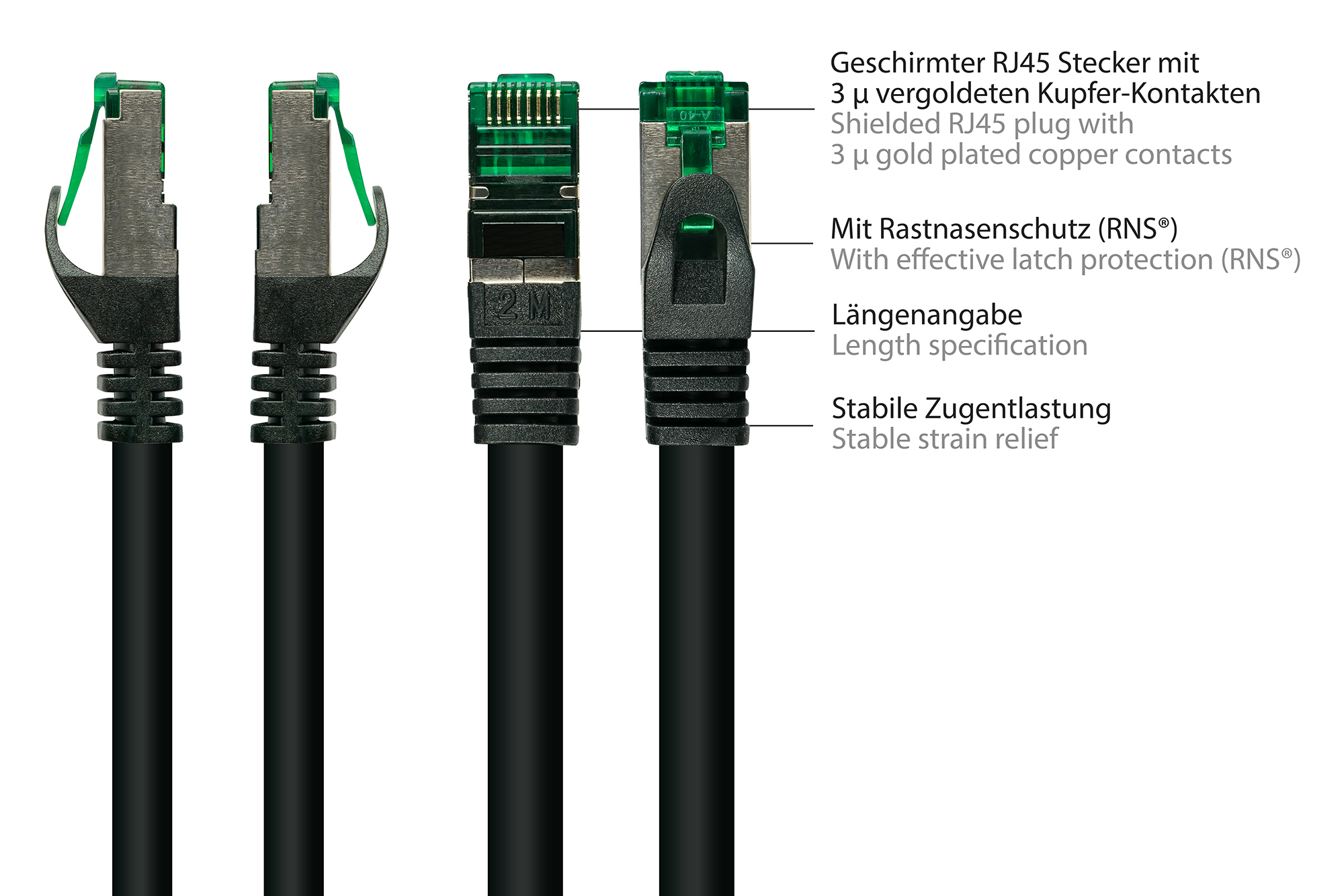 RNS® network cable with latch protection, outdoor (IP66), Cat.6A, S/FTP, PiMF, 500MHz, CU, black, 15m, Good Connections®