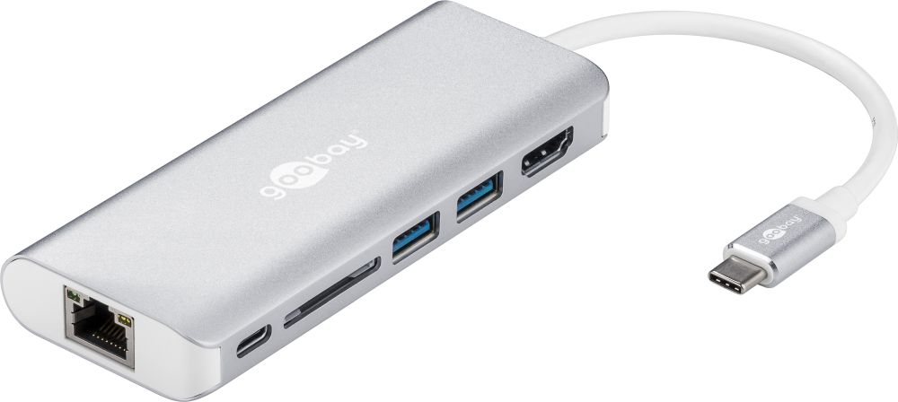 USB-C Multiport Adapter, USB-Hub, USB-C Stecker an 2x USB 3.0 A Buchse, 1x USB C Buchse, 1x HDMI Buchse, 1x RJ45 Buchse, 1x SD Kartenschacht