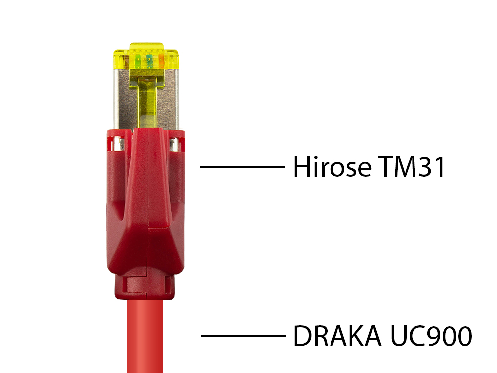 Patchkabel mit Cat. 7 Draka UC900 Rohkabel (900MHz) und Hirose TM31 Stecker (500MHz) beidseitig, S/FTP, PiMF, halogenfrei (LSZH), KUPFER, rot, 2m