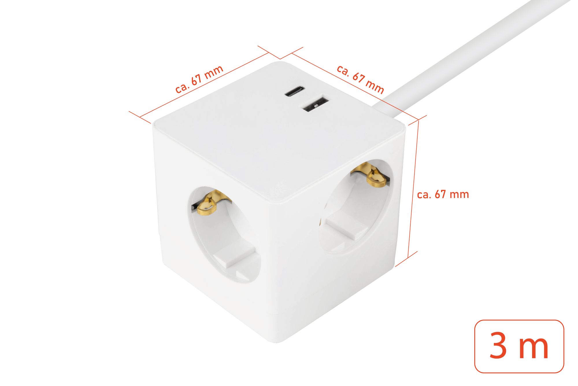 kabelmeister® Steckdosenwürfel mit 3m Zuleitung, 3x Schutzkontakt-Buchse, USB-C™ (20W, PD 3.0) und USB-A Buchse (18W), weiß