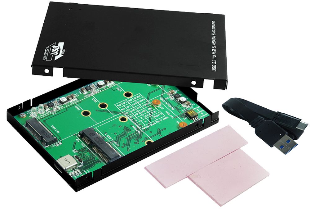 USB 3.1 (Gen.2) Type-C zu M.2 NFGG & mSATA SSD mit 2.5" Gehäuserahmen (Höhe 9.5mm) inkl. Adapter A-Buchse auf C-Stecker, Exsys® [EX-3672]